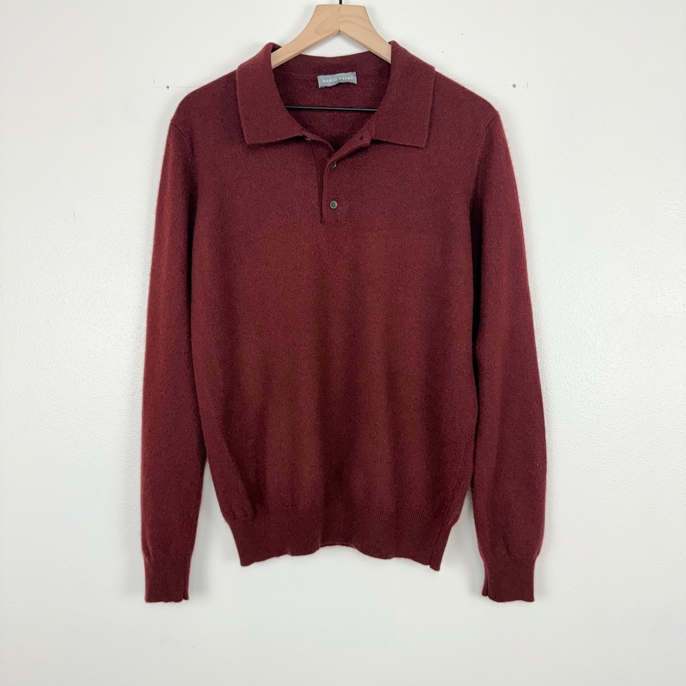 Mario Caldi Cashmere Polo Sweater Mens‎ M/L Burgundy Long Sleeve Knit Luxury